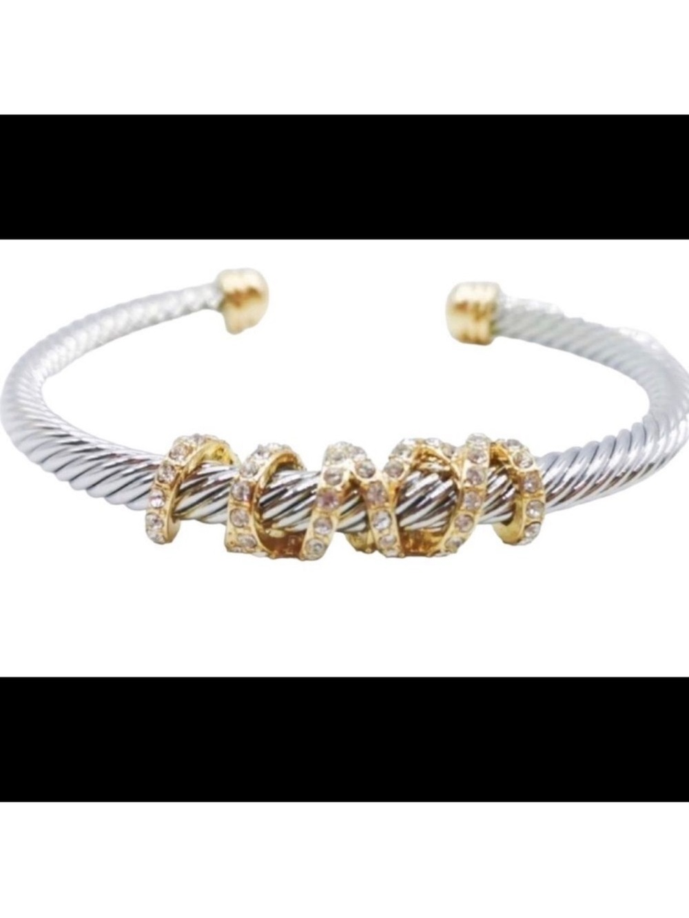 Isabella Twisting Cable Cord Cuff Bracelet Silver 14KT Gold Rhinestones